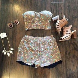Brown floral summer mini shorts navy